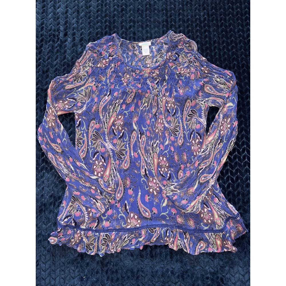 Sundance Women's Blue Multi Paisley Diamond‎ Smocked Peasant Top Sz M